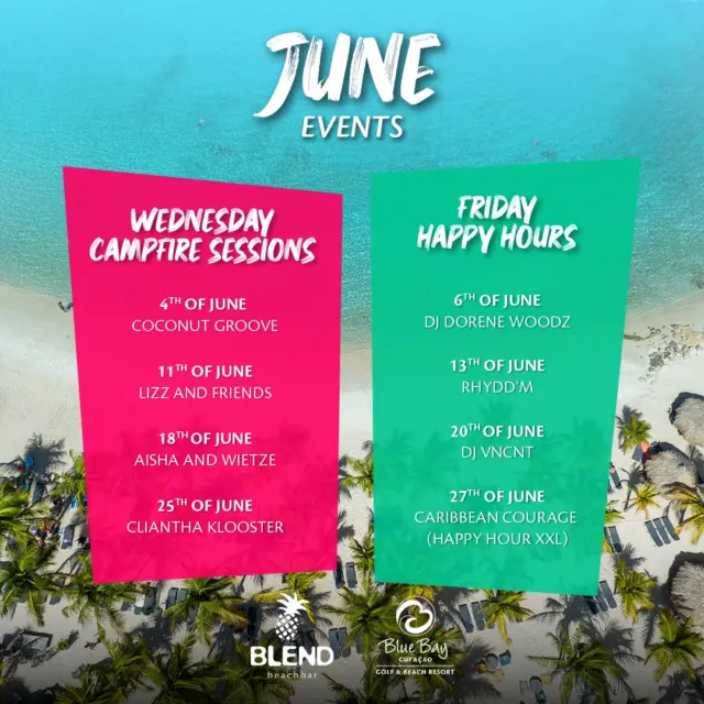 🎉 June Events at Blue Bay Curacao! 🌟

Wednesday Campfire Sessions 🔥
Join us every Wednesday for our cozy campfire nights! Enjoy live music and drinks under the stars. Starts at 6:30 PM.

Friday Happy Hour 🍹
Kick off your weekend with our Happy Hour every Friday! Exclusive discounts on drinks from 5 PM to 6:30 PM.

Can't wait to celebrate June with you! 🎉
